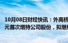 10月08日财经快讯：外高桥：控股股东今日耗资2993.59万元首次增持公司股份，拟继续增持4亿元8亿元