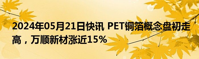 2024年05月21日快讯 PET铜箔概念盘初走高，万顺新材涨近15%