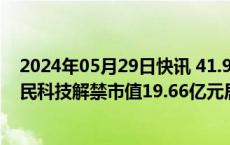 2024年05月29日快讯 41.96亿元市值限售股今日解禁，肇民科技解禁市值19.66亿元居首