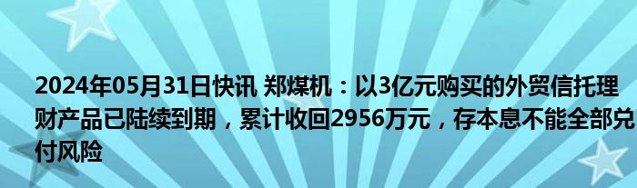 2024年05月31日快讯 郑煤机：以3亿元购买的外贸信托理财产品已陆续到期，累计收回2956万元，存本息不能全部兑付风险