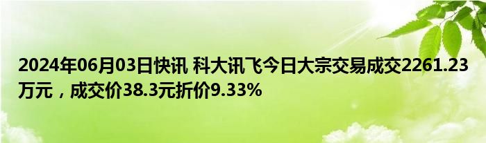 2024年06月03日快讯 科大讯飞今日大宗交易成交2261.23万元，成交价38.3元折价9.33%