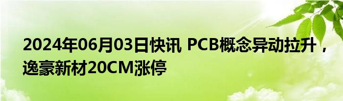 2024年06月03日快讯 PCB概念异动拉升，逸豪新材20CM涨停