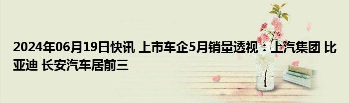 2024年06月19日快讯 上市车企5月销量透视：上汽集团 比亚迪 长安汽车居前三