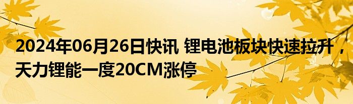 2024年06月26日快讯 锂电池板块快速拉升，天力锂能一度20CM涨停