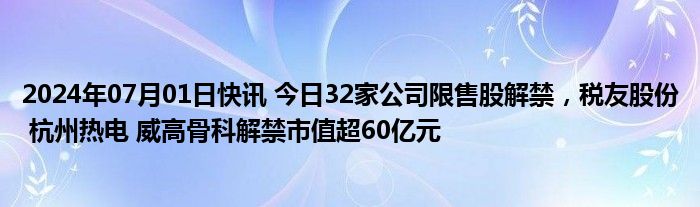 2024年07月01日快讯 今日32家公司限售股解禁，税友股份 杭州热电 威高骨科解禁市值超60亿元