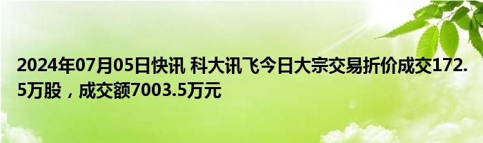 2024年07月05日快讯 科大讯飞今日大宗交易折价成交172.5万股，成交额7003.5万元