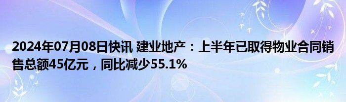 2024年07月08日快讯 建业地产：上半年已取得物业合同销售总额45亿元，同比减少55.1%