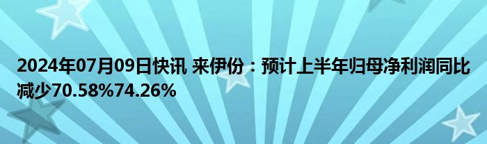 2024年07月09日快讯 来伊份：预计上半年归母净利润同比减少70.58%74.26%