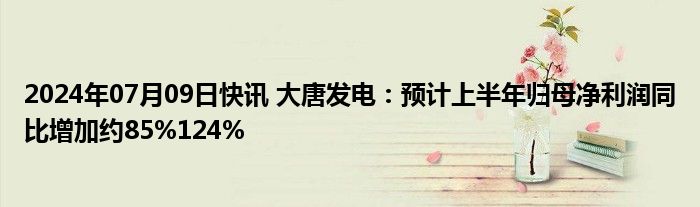 2024年07月09日快讯 大唐发电：预计上半年归母净利润同比增加约85%124%