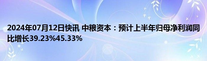 2024年07月12日快讯 中粮资本：预计上半年归母净利润同比增长39.23%45.33%