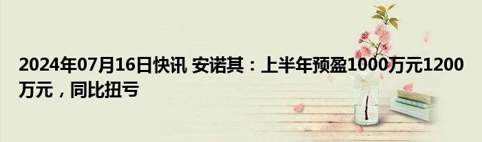 2024年07月16日快讯 安诺其：上半年预盈1000万元1200万元，同比扭亏