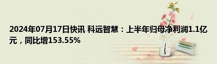 2024年07月17日快讯 科远智慧：上半年归母净利润1.1亿元，同比增153.55%