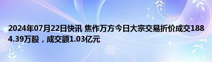 2024年07月22日快讯 焦作万方今日大宗交易折价成交1884.39万股，成交额1.03亿元