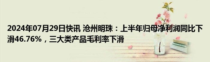 2024年07月29日快讯 沧州明珠：上半年归母净利润同比下滑46.76%，三大类产品毛利率下滑