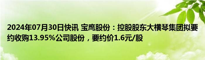 2024年07月30日快讯 宝鹰股份：控股股东大横琴集团拟要约收购13.95%公司股份，要约价1.6元/股