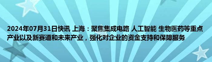 2024年07月31日快讯 上海：聚焦集成电路 人工智能 生物医药等重点产业以及新赛道和未来产业，强化对企业的资金支持和保障服务