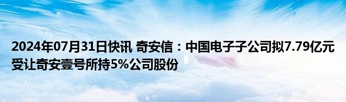 2024年07月31日快讯 奇安信：中国电子子公司拟7.79亿元受让奇安壹号所持5%公司股份