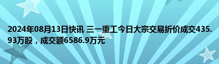 2024年08月13日快讯 三一重工今日大宗交易折价成交435.93万股，成交额6586.9万元