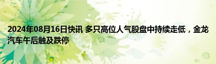 2024年08月16日快讯 多只高位人气股盘中持续走低，金龙汽车午后触及跌停