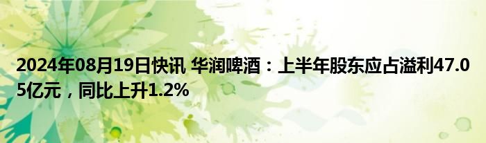 2024年08月19日快讯 华润啤酒：上半年股东应占溢利47.05亿元，同比上升1.2%