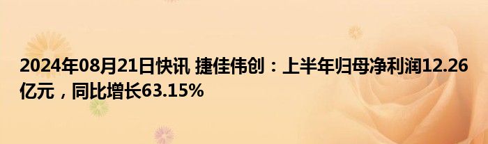 2024年08月21日快讯 捷佳伟创：上半年归母净利润12.26亿元，同比增长63.15%