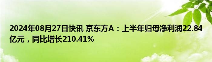 2024年08月27日快讯 京东方A：上半年归母净利润22.84亿元，同比增长210.41%