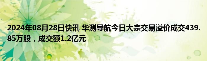 2024年08月28日快讯 华测导航今日大宗交易溢价成交439.85万股，成交额1.2亿元