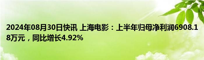 2024年08月30日快讯 上海电影：上半年归母净利润6908.18万元，同比增长4.92%