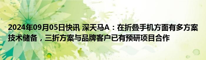 2024年09月05日快讯 深天马A：在折叠手机方面有多方案技术储备，三折方案与品牌客户已有预研项目合作