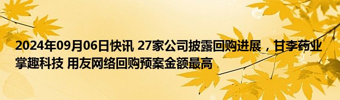 2024年09月06日快讯 27家公司披露回购进展，甘李药业 掌趣科技 用友网络回购预案金额最高