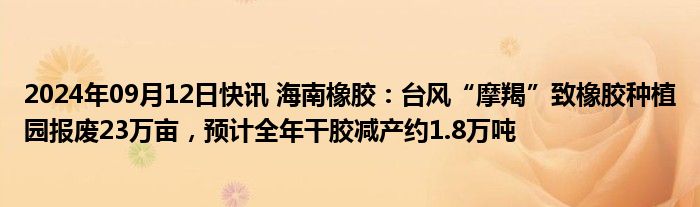 2024年09月12日快讯 海南橡胶：台风“摩羯”致橡胶种植园报废23万亩，预计全年干胶减产约1.8万吨