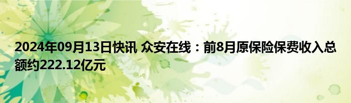 2024年09月13日快讯 众安在线：前8月原保险保费收入总额约222.12亿元