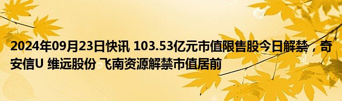 2024年09月23日快讯 103.53亿元市值限售股今日解禁，奇安信U 维远股份 飞南资源解禁市值居前