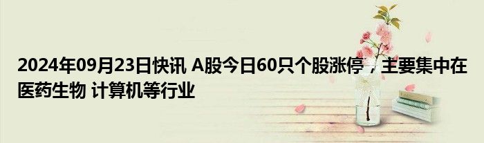 2024年09月23日快讯 A股今日60只个股涨停，主要集中在医药生物 计算机等行业