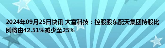 2024年09月25日快讯 大富科技：控股股东配天集团持股比例将由42.51%减少至25%