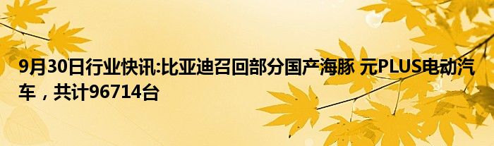 9月30日行业快讯:比亚迪召回部分国产海豚 元PLUS电动汽车，共计96714台