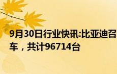 9月30日行业快讯:比亚迪召回部分国产海豚 元PLUS电动汽车，共计96714台