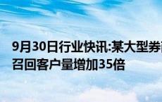 9月30日行业快讯:某大型券商人士称不活跃账户较前期日均召回客户量增加35倍