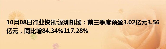 10月08日行业快讯:深圳机场：前三季度预盈3.02亿元3.56亿元，同比增84.34%117.28%