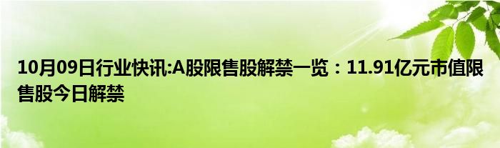 10月09日行业快讯:A股限售股解禁一览：11.91亿元市值限售股今日解禁