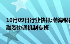 10月09日行业快讯:渤海银行：全行各级机构已成立房地产融资协调机制专班