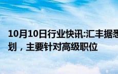 10月10日行业快讯:汇丰据悉酝酿多至3亿美元的成本削减计划，主要针对高级职位