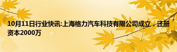 10月11日行业快讯:上海格力汽车科技有限公司成立，注册资本2000万