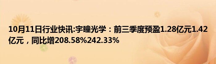 10月11日行业快讯:宇瞳光学：前三季度预盈1.28亿元1.42亿元，同比增208.58%242.33%