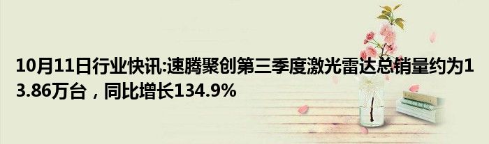 10月11日行业快讯:速腾聚创第三季度激光雷达总销量约为13.86万台，同比增长134.9%